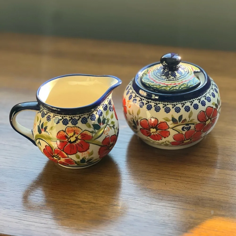 Authentic Handmade Polish Pottery UNIKAT Sugar Bowl with Lid & Matching Creamer - Picture 1 of 7